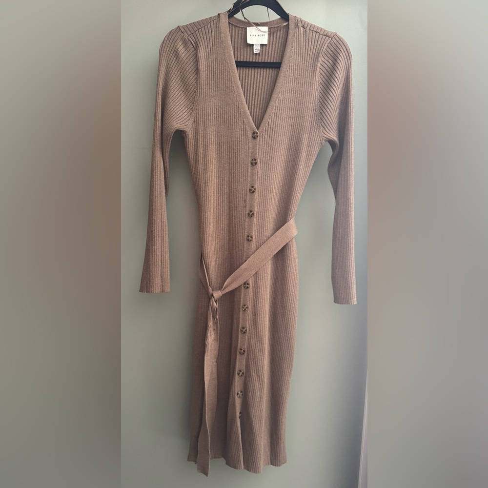Pink Rose Long Sleeve Ribbed Knit Dress in Brown